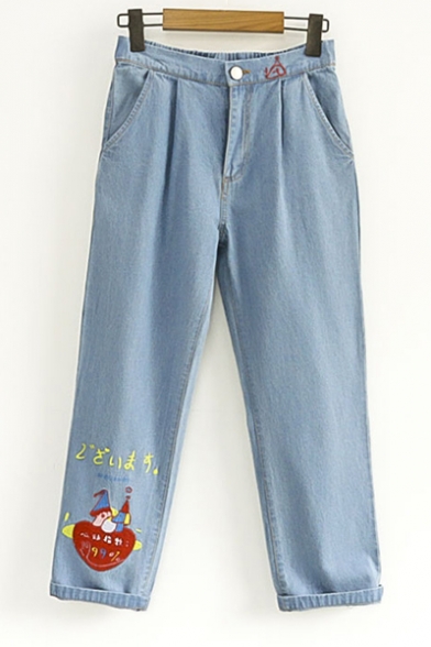 Cute Fashion Cartoon Japanese Embroidery Zipper Fly Pocket Side Cropped Jeans