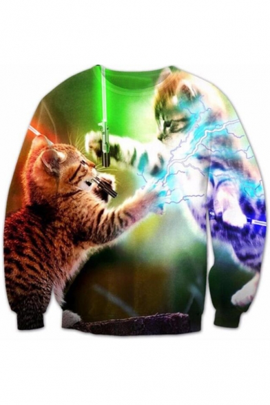 

Digital Fighting Cats Printed Round Neck Long Sleeve Pullover Sweatshirt