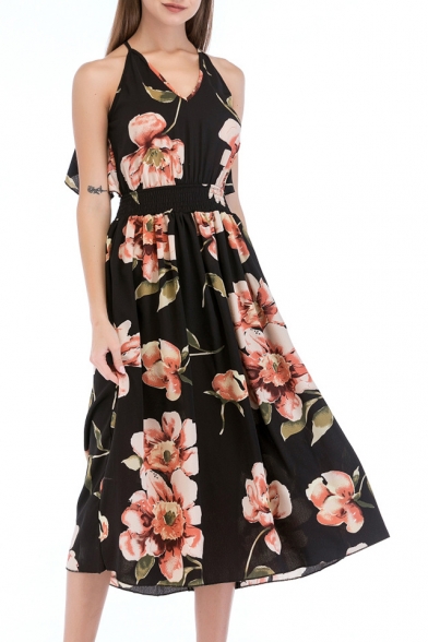 Floral Printed Halter Hollow Out Back Sleeveless Maxi A-Line Dress