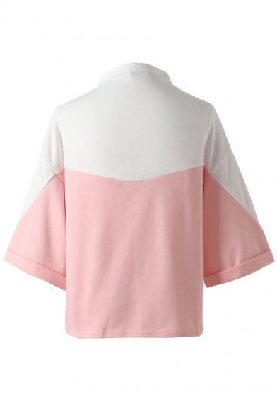 High Neck Color Block Wide Sleeve Patchwork Spring Tee Top