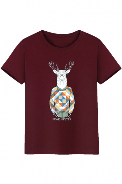 

Hip Hop Style Deer Letter Printed Round Neck Short Sleeve Tee, Black;burgundy;red;white;dark blue;gray;yellow;sky blue;army green, LC469102