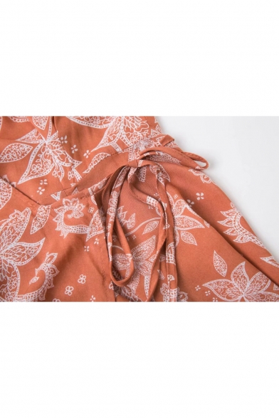 New Arrival Floral Printed V Neck Short Sleeve Mini Wrap Dress