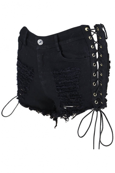 New Trendy Hot Pants Sexy Lace Up Side Ripped Plain Zipper Fly Shorts