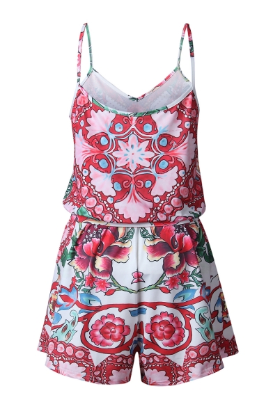 Popular Sexy Floral Printed Spaghetti Straps Sleeve Romper