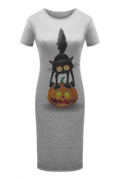 Pumpkin Cat Printed Round Neck Short Sleeve Slim Midi T-Shirt Dress