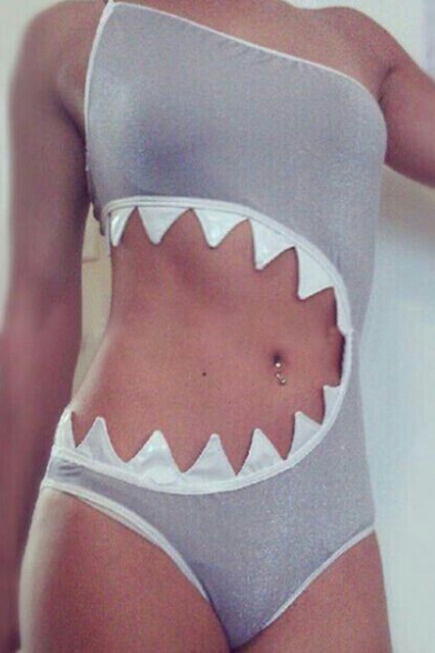 Shark's Mouth Shaped Hollow Out One Shoulder Sleeveless One Piece Swimwear