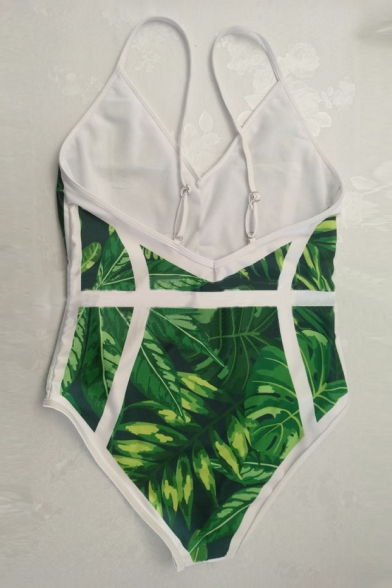 Stylish Leaf Plant Print Spaghetti Straps Beach Style One Piece Swimwear