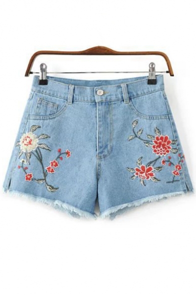 Summer Collection Floral Embroidered Zipper Fly Hot Pants Denim Shorts