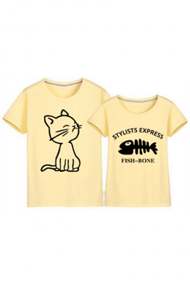 Sweet Cat Fish Bone Letter Printed Round Neck Short Sleeve Tee for Couple