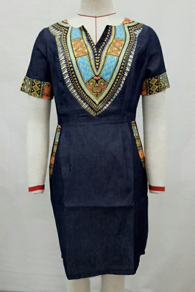 Vogue Tribal Pattern V-Neck Short Sleeve Zip Back Pencil Midi Fashion Dress