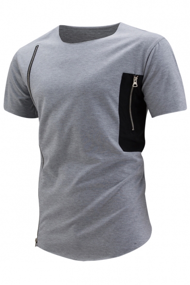 Zipper Detail Round Neck Short Sleeves Color Block Summer Men's T-shirt