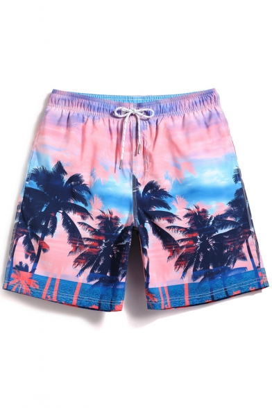 Awesome Elastic Mens Pink Palm Beachside Swim Trunks with Pockets and Brief Lining