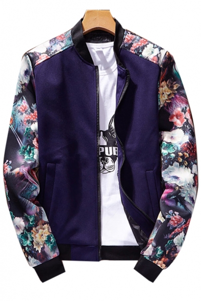 Color Block Floral Printed Stand Up Collar Long Sleeve Zip Up Baseball Jacket