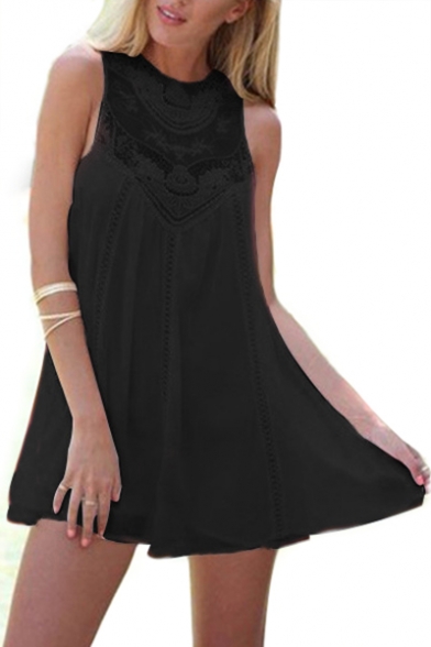 Elegant Crochet Embellished Hollow Out Sleeveless Round Neck Mini A-Line Dress