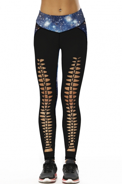 Fashion Sports Galaxy Printed Color Block Hollow Out Skinny Leggings