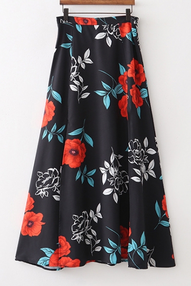 Floral Printed High Waist Split Skirt