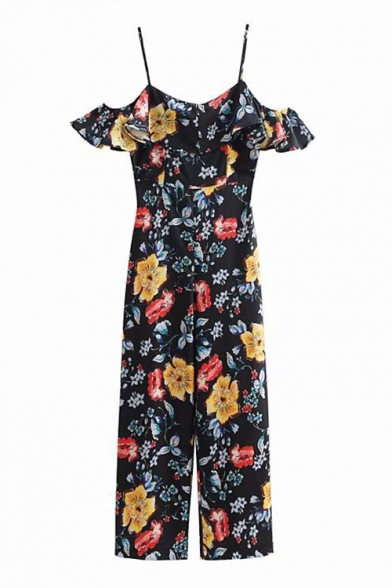 Floral Printed Spaghetti Straps Ruffle Sleeve Jumpsuits