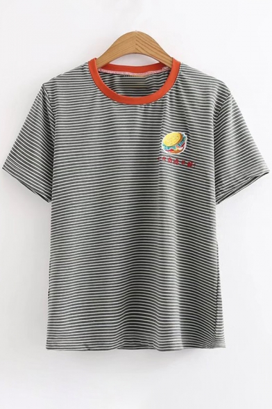 Food Chinese Embroidered Round Neck Short Sleeve Striped Tee