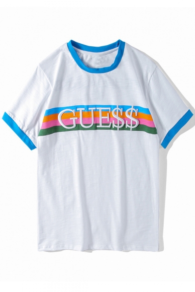 Guess Letter Printed Stripes Round Neck Short Sleeve Color Block Hem Tee