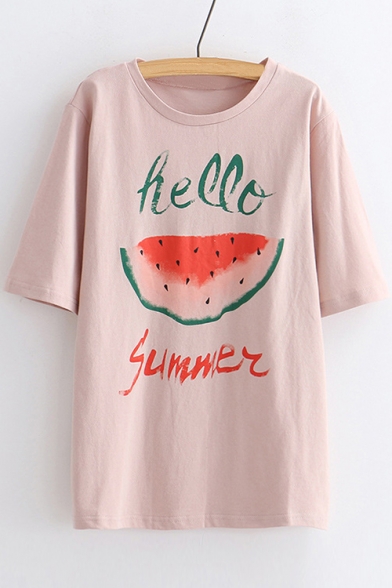 HELLO SUMMER Watermelon Printed Round Neck Short Sleeve Tee