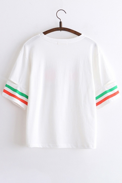 Japanese Strawberry Contrast Striped Printed Round Neck Short Sleeve Tee