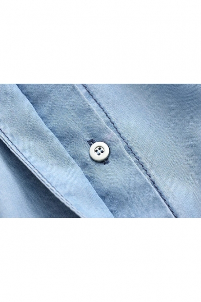 Lapel Short Sleeve Single Breasted Button Tie Hem Plain Shirt