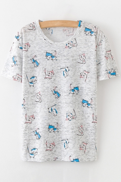 Lovely Cat Printed Round Neck Short Sleeve Loose Tee