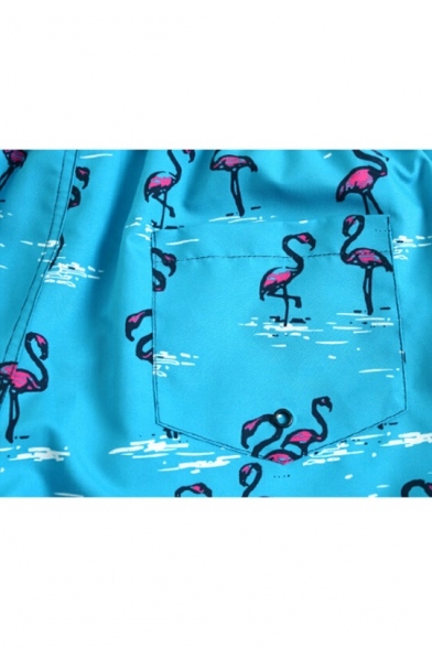 Mens Designer Blue Fast Drying Stretch Drawstring Flamingo Bathing Trunks with Liner