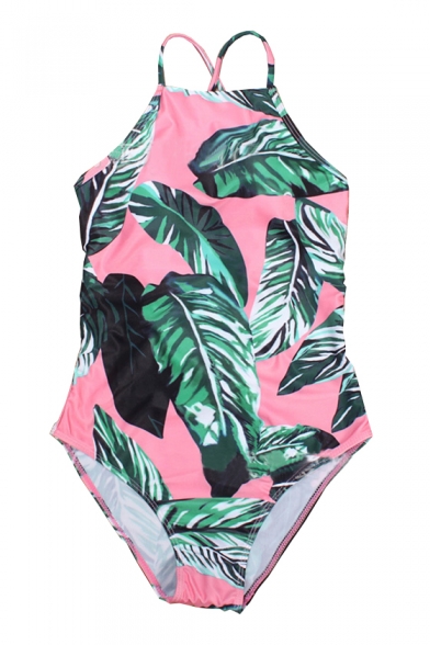 Palm Leaf Printed One Piece Lace Up Back Swimwear