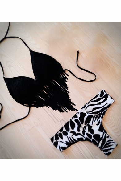 Plain Halter Sleeveless with Tassel Embellished Top with Leopard Printed Bottom Bikini