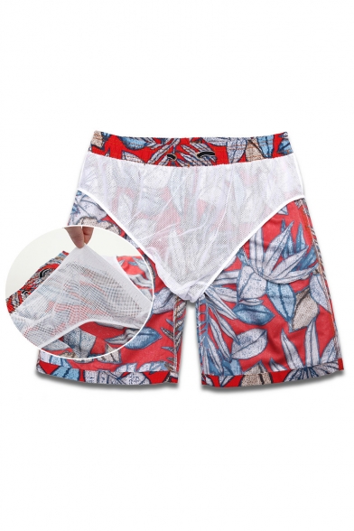 Quick Dry Big and Tall Mens Red Leaf Plant Print Bathing Suit Shorts with Brief Mesh Liner
