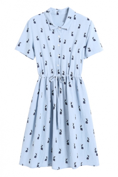 Rabbit Printed Lapel Collar Short Sleeve Drawstring Waist Midi A-Line Dress