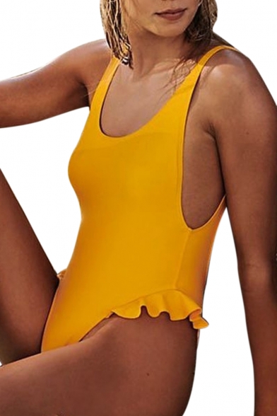 Ruffle Detail Open Back Plain Sleeveless Scoop Neck One Piece Swimwear