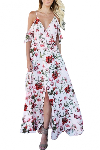 Sexy V Neck Cold Shoulder Short Sleeve Floral Printed Split Front Maxi A-Line Dress