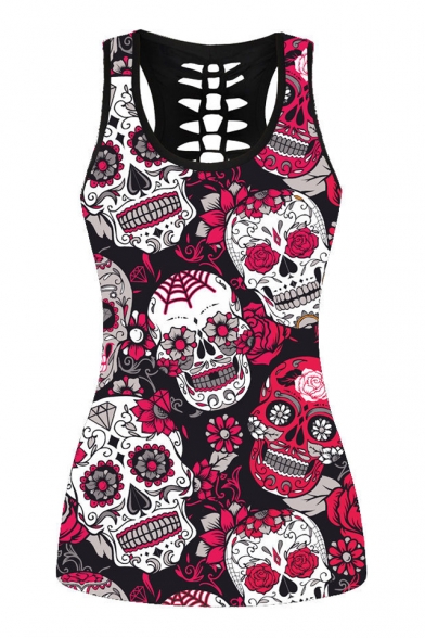 Skull Floral Printed Round Neck Hollow Out Back Sleeveless Tank