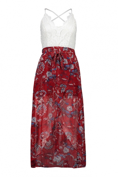 Spaghetti Straps Sleeveless Lace Patchwork Floral Printed Split Front Maxi Asymmetric Hem Dress
