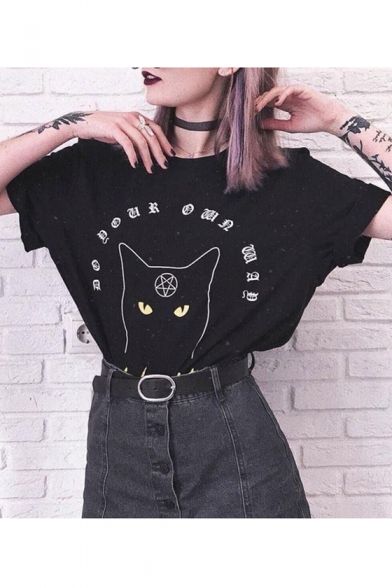 Street Style Cat Letter Printed Round Neck Short Sleeve Tee