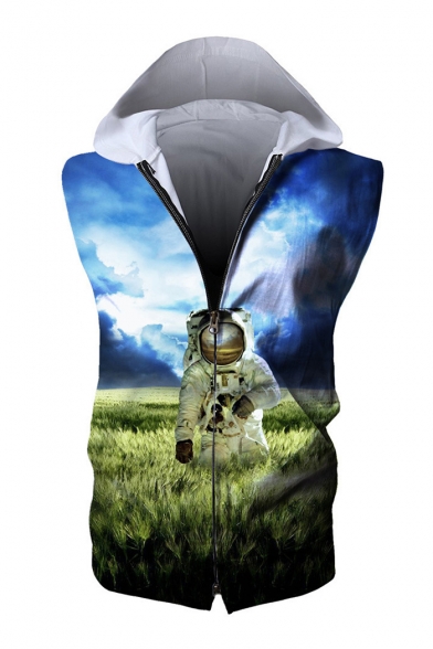 Astronaut Field Printed Sleeveless Zip Up Hoodie
