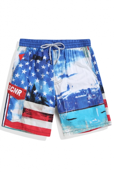 Big and Tall Fast Drying Red White and Blue Male American Drawcord Swim Trunks with Pockets without Lining