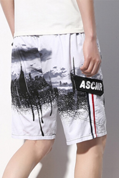 Big and Tall White and Black Drawstring City Print Cargo Swim Beach Shorts with Pockets