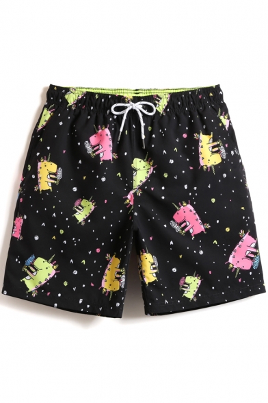 Black Cute Short Male Fast Dry Unicorn Printed Swim Shorts Bathing Suits with Mesh Liner