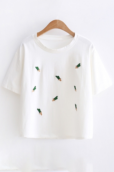 Cactus Embroidered Round Neck Short Sleeve Tee