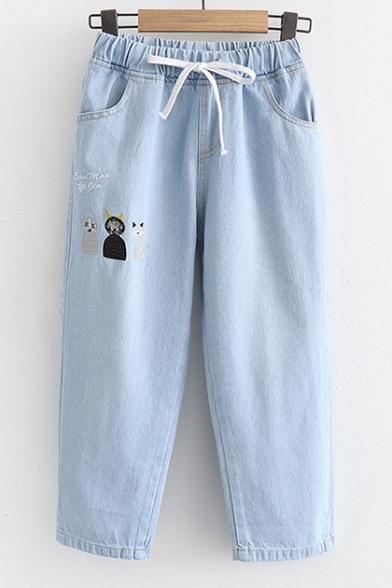 Cat Embroidered Drawstring Waist Loose Jeans