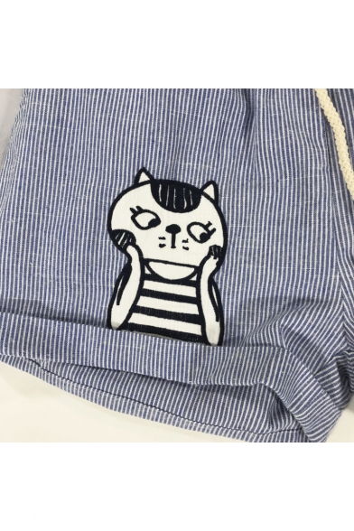 Cat Embroidered Drawstring Waist Striped Shorts