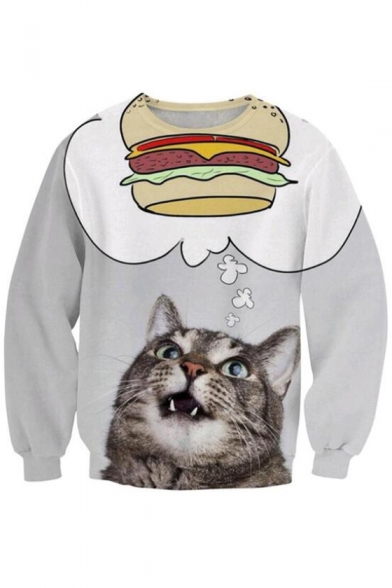 Cat Hamburger Pattern Long Sleeve Pullover Sweatshirt for Couple