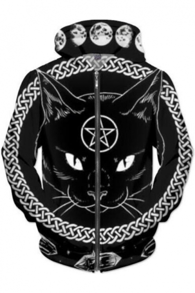 Cat Moon Pentagram Pattern Zip Up Long Sleeve Hoodie