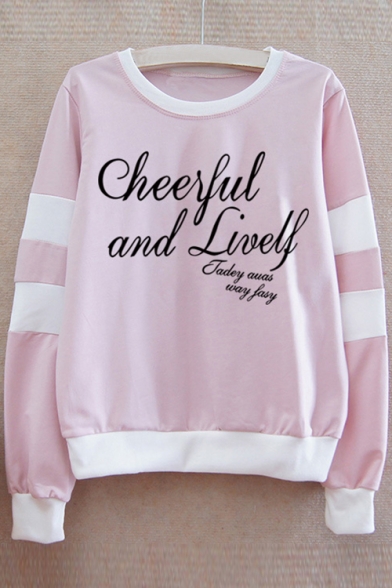 CHEERFUL Letter Contrast Striped Round Neck Long Sleeve Sweatshirt