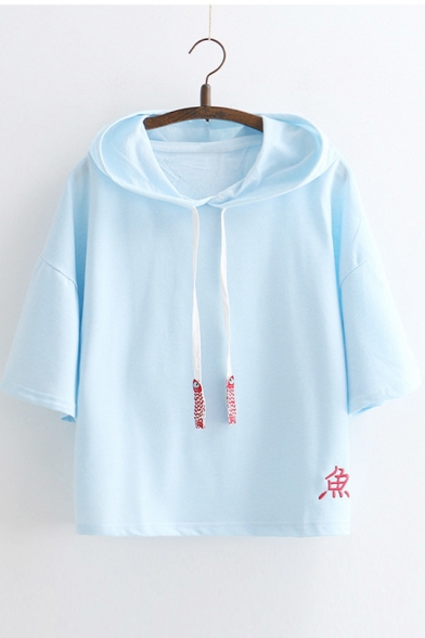 Chinese Embroidered Fish Pattern Embellished Short Sleeve Hooded Tee