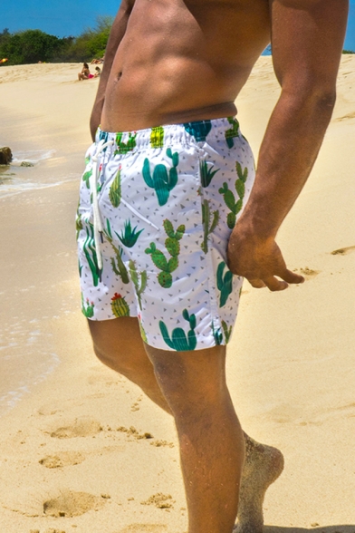 Classic Quick Drying Mens White Cactus Plant Print Swim Trunks with Mesh Brief Liner
