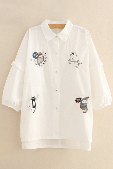 Cute Cat Embroidered Lapel Collar 3/4 Length Sleeve Buttons Down Shirt